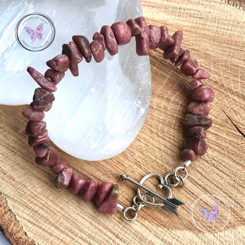 Rhodonite Chip Bracelet with Silver Heart Toggle Clasp